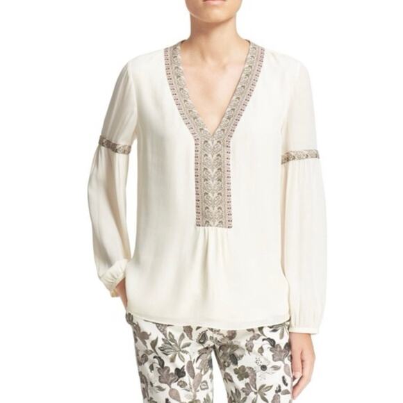Tory Burch Silk Peasant Blouse Top Ivory Chiffon Size S Batik Trim Boho Designer - Picture 2 of 16